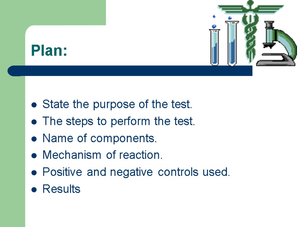 Plan: State the purpose of the test. The steps to perform the test. Name